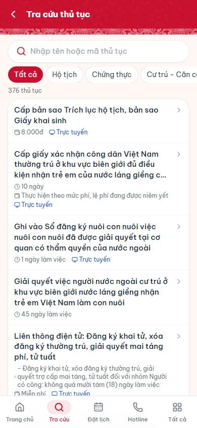Tra cứu thủ tục Mini App
